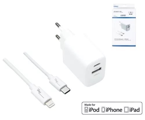 USB C+A töltőkészlet 20W, PD, fehér, 1m Lightning/C 20W, 3.6V~5.9V/3A; 6~9V/2A; 9V~12V/1.5A